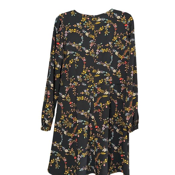 Loft Floral Print Long Sleeve Black Dress By Size 8 Zipper Back Button Cuff - Picture 3 of 7